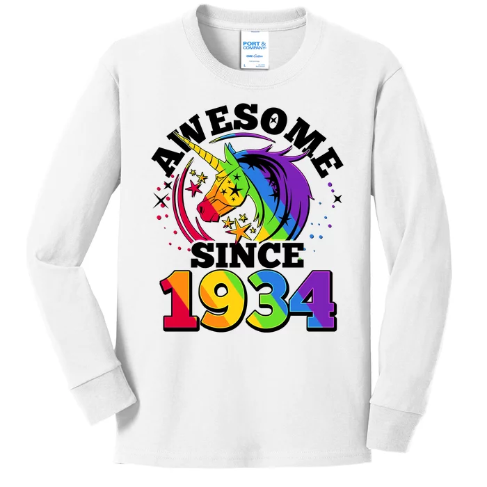 Rainbow Unicorn Awesome Since 1934 90th Birthday Kids Long Sleeve Shirt