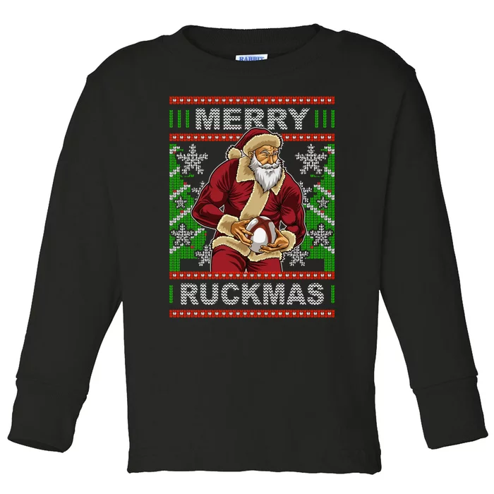 Rugby Ugly Christmas Santa Merry Ruckmas Xmas Toddler Long Sleeve Shirt