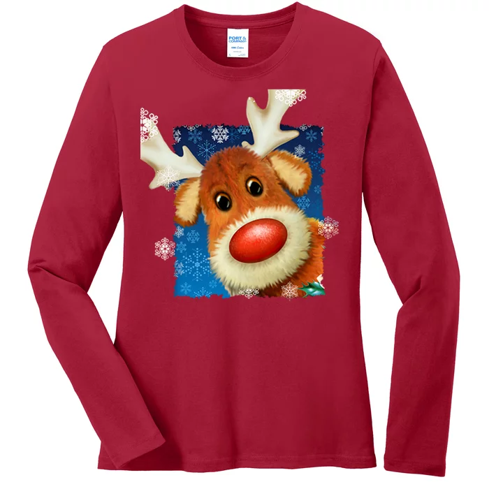 Rudolph Red Nose - Reindeer Closeup Christmas Ladies Long Sleeve Shirt