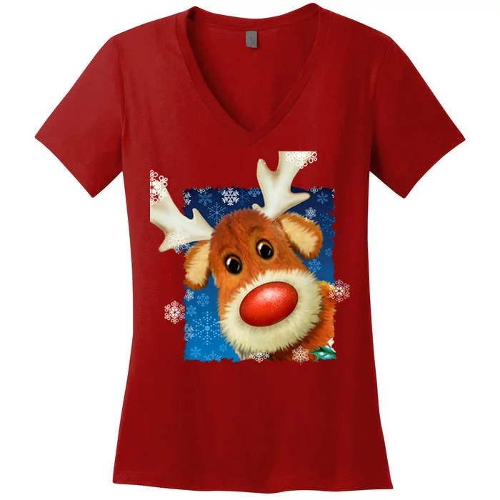 Rudolph Red Nose - Reindeer Closeup Christmas Women's V-Neck T-Shirt