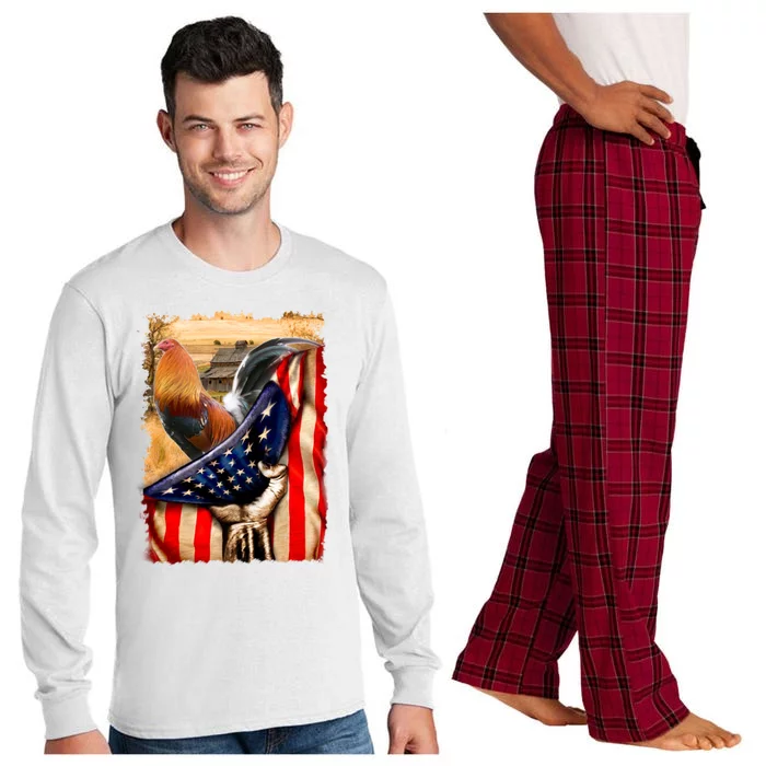 Rooster Us Flag Cock Fight Long Sleeve Pajama Set