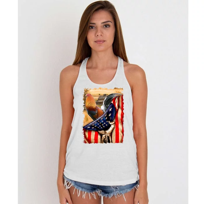 Rooster Us Flag Cock Fight Women's Knotted Racerback Tank