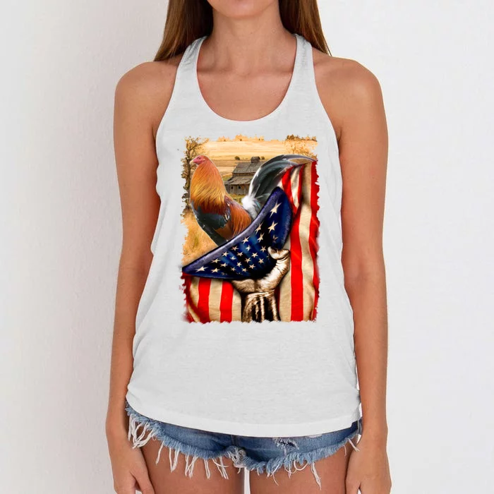 Rooster Us Flag Cock Fight Women's Knotted Racerback Tank