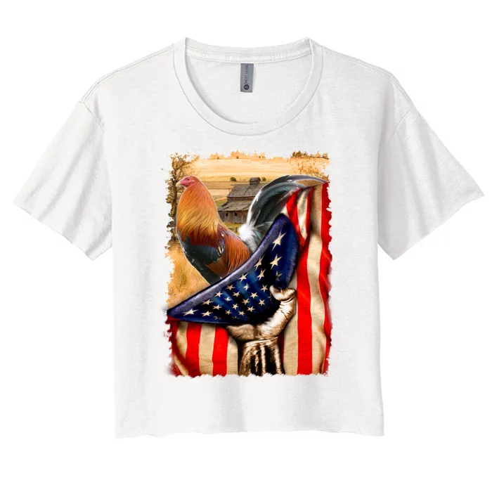 Rooster Us Flag Cock Fight Women's Crop Top Tee