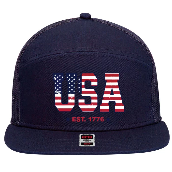 Retro Usa Flag Est. 1776 4th Of July Graphic American Flag 7 Panel Mesh Trucker Snapback Hat