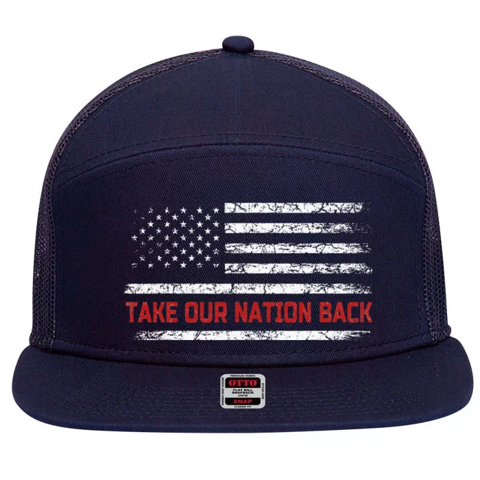 Retro US Flag Take Our Nation Back Trump 2024 7 Panel Mesh Trucker Snapback Hat