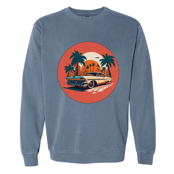 Retro Usa Muscle Car And Miami Sunset Garment-Dyed Sweatshirt