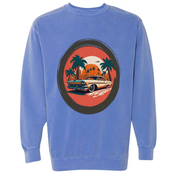 Retro Usa Muscle Car And Miami Sunset Garment-Dyed Sweatshirt