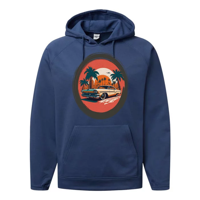 Retro Usa Muscle Car And Miami Sunset Performance Fleece Hoodie