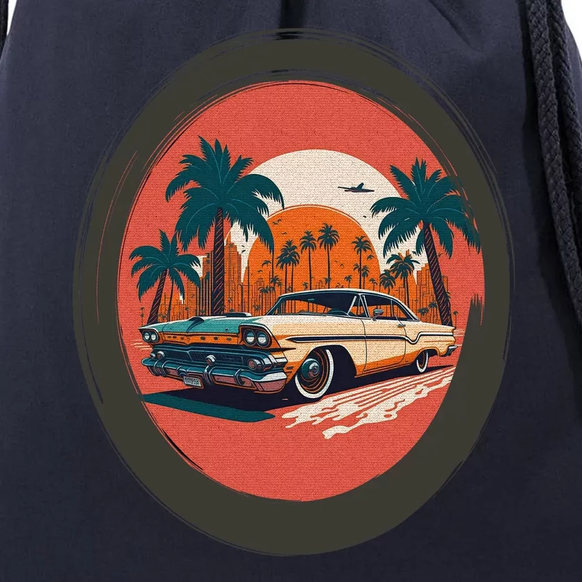 Retro Usa Muscle Car And Miami Sunset Drawstring Bag