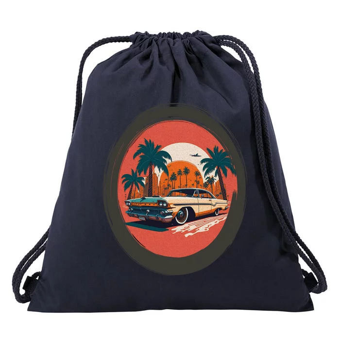 Retro Usa Muscle Car And Miami Sunset Drawstring Bag