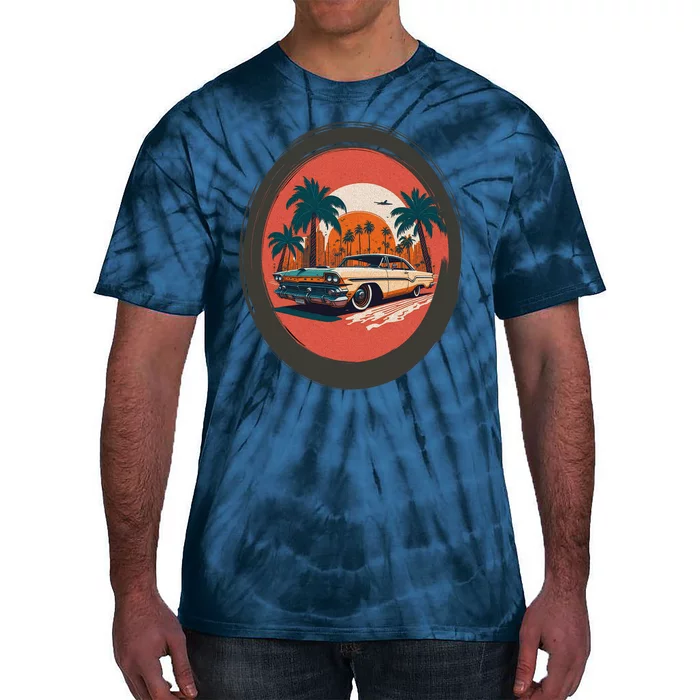 Retro Usa Muscle Car And Miami Sunset Tie-Dye T-Shirt