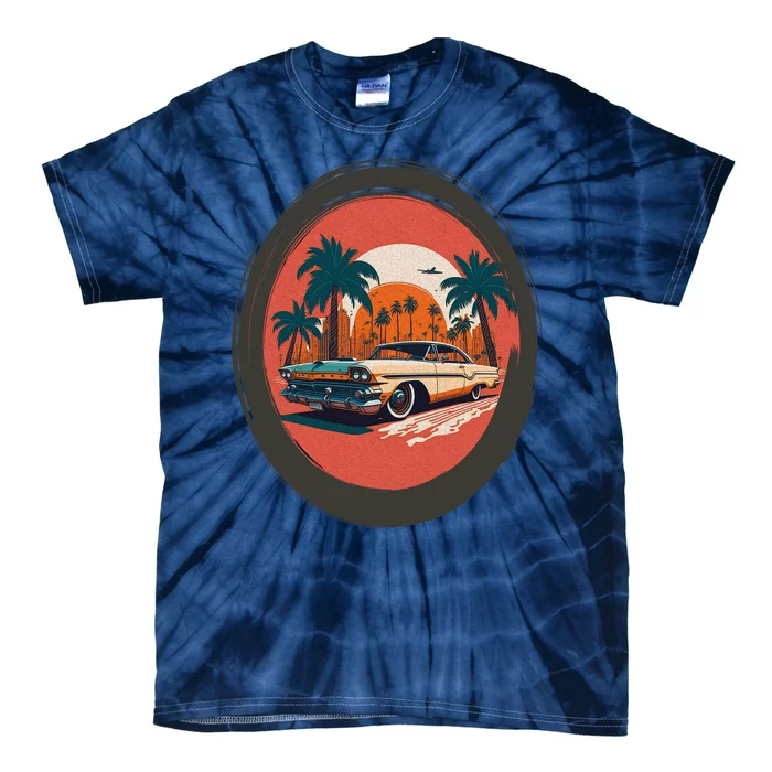 Retro Usa Muscle Car And Miami Sunset Tie-Dye T-Shirt