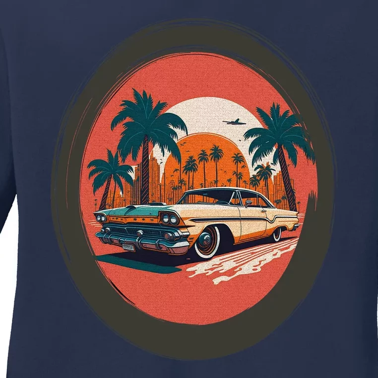 Retro Usa Muscle Car And Miami Sunset Ladies Long Sleeve Shirt