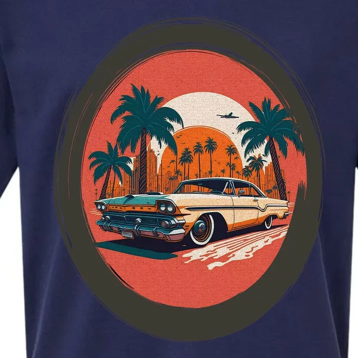 Retro Usa Muscle Car And Miami Sunset Sueded Cloud Jersey T-Shirt