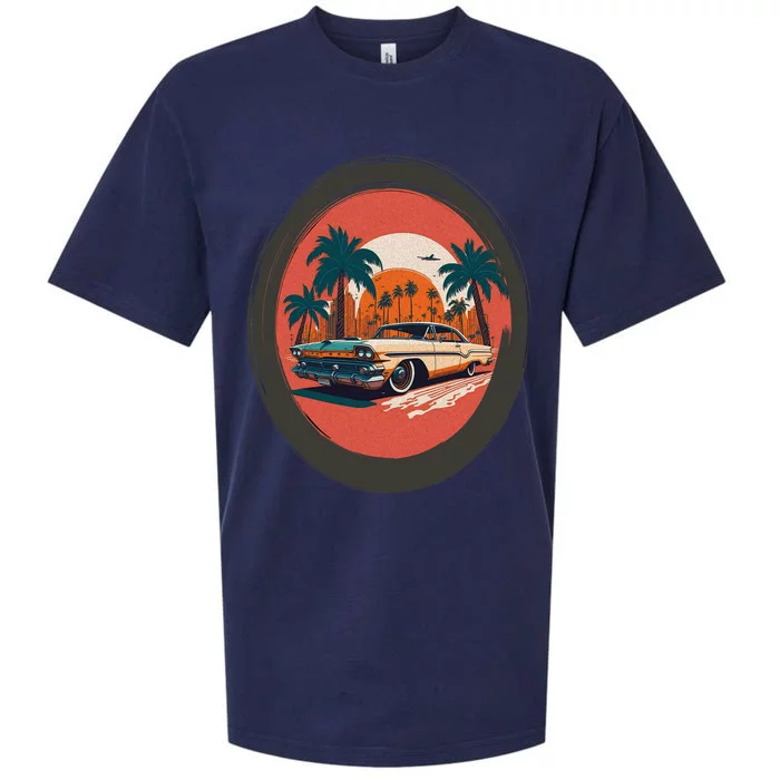 Retro Usa Muscle Car And Miami Sunset Sueded Cloud Jersey T-Shirt