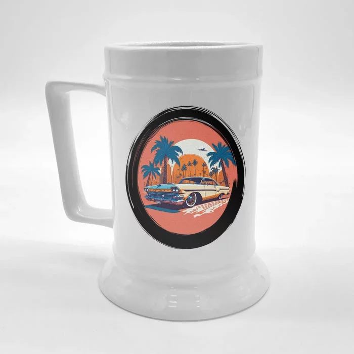 Retro Usa Muscle Car And Miami Sunset Front & Back Beer Stein