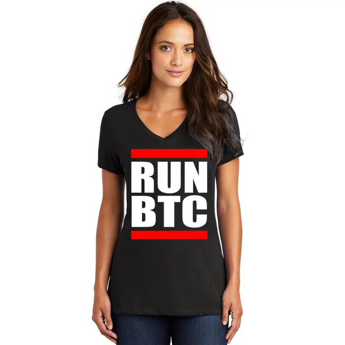 Run BTC Bitcoin Cryptocurrency Crypto Moon Hodl Women's V-Neck T-Shirt