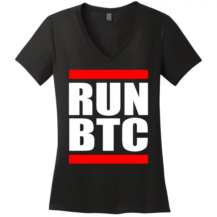 Run BTC Bitcoin Cryptocurrency Crypto Moon Hodl Women's V-Neck T-Shirt