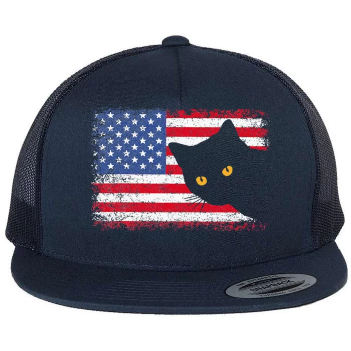 Retro USA Patriotic American Flag US Cat Flat Bill Trucker Hat