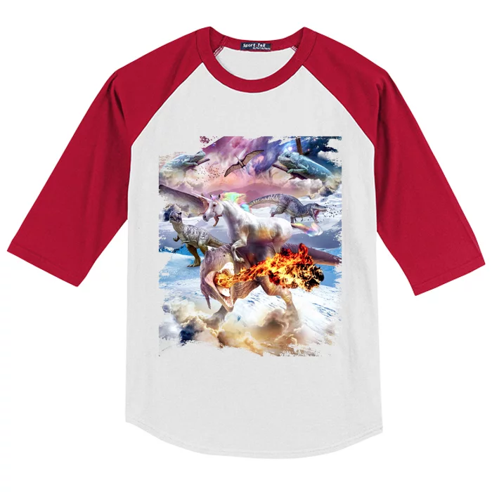 Rainbow Unicorn Riding Dinosaur Gift Kids Colorblock Raglan Jersey