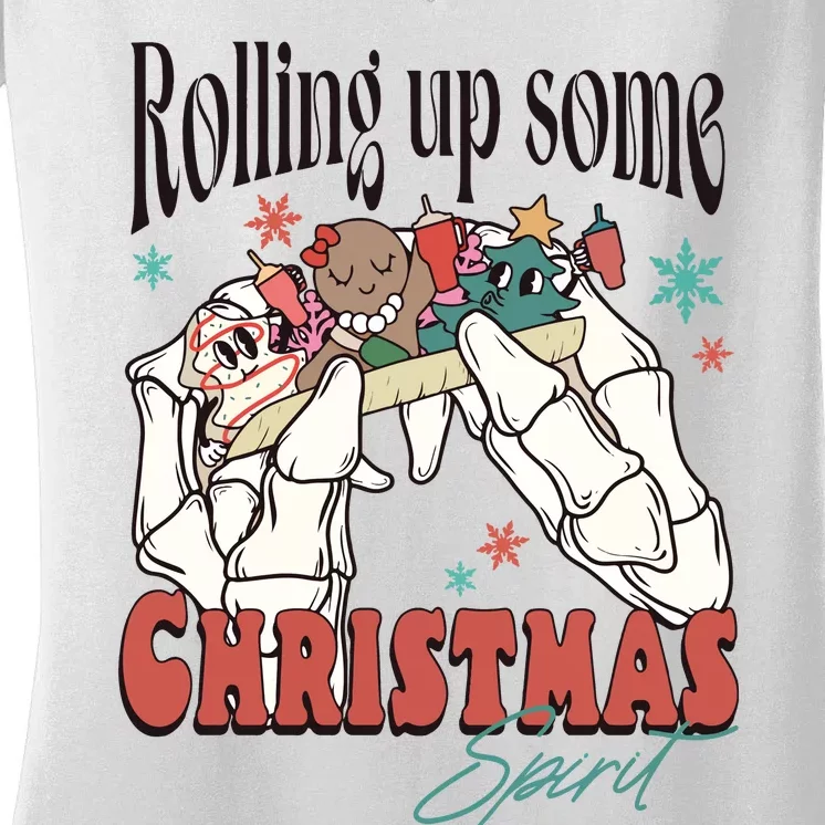 Rolling Up Some Christmas Spirit Skeleton Christmas Women's V-Neck T-Shirt