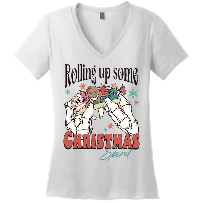 Rolling Up Some Christmas Spirit Skeleton Christmas Women's V-Neck T-Shirt