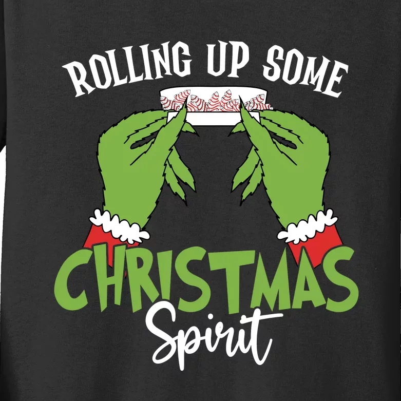 Rolling Up Some Christmas Spirit Christmas Tree Cakes Snack Kids Long Sleeve Shirt