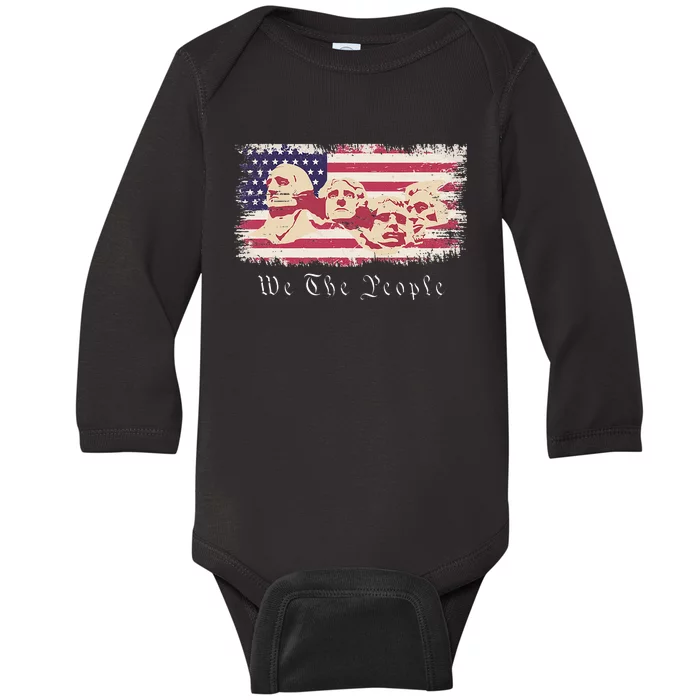 Rushmore United States Presidents On Vintage American Flag Baby Long Sleeve Bodysuit