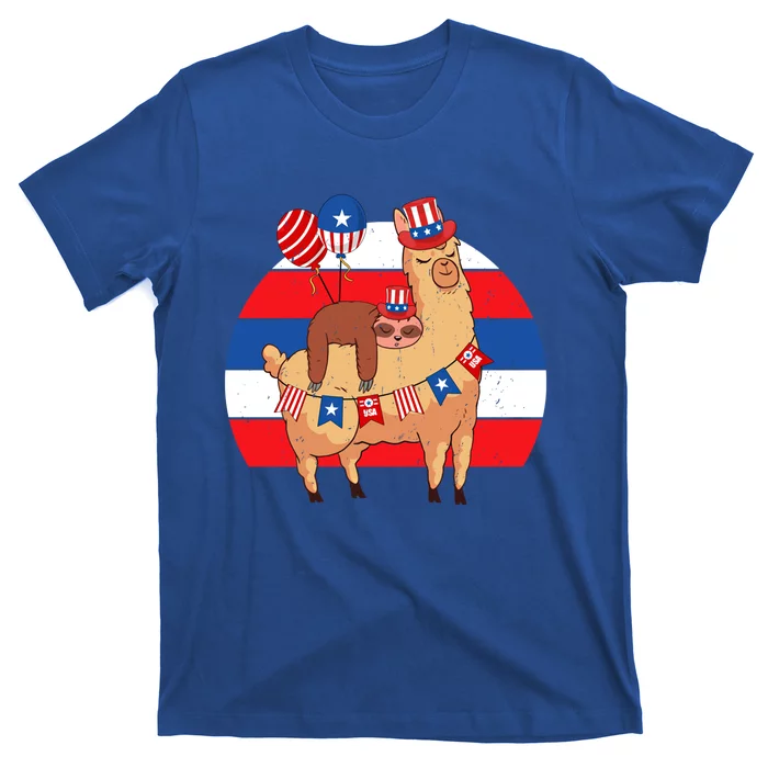 Retro Uncle Sam Sloth And Llama American Flag Indepedence Day Great Gift T-Shirt