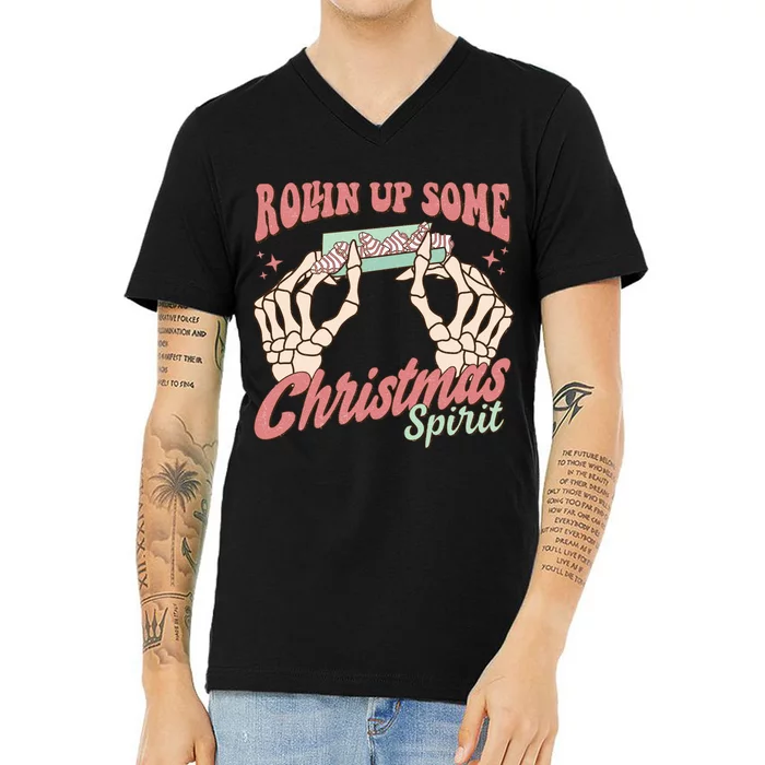 Rollin Up Some Christmas Spirit Funny Marijuana V-Neck T-Shirt