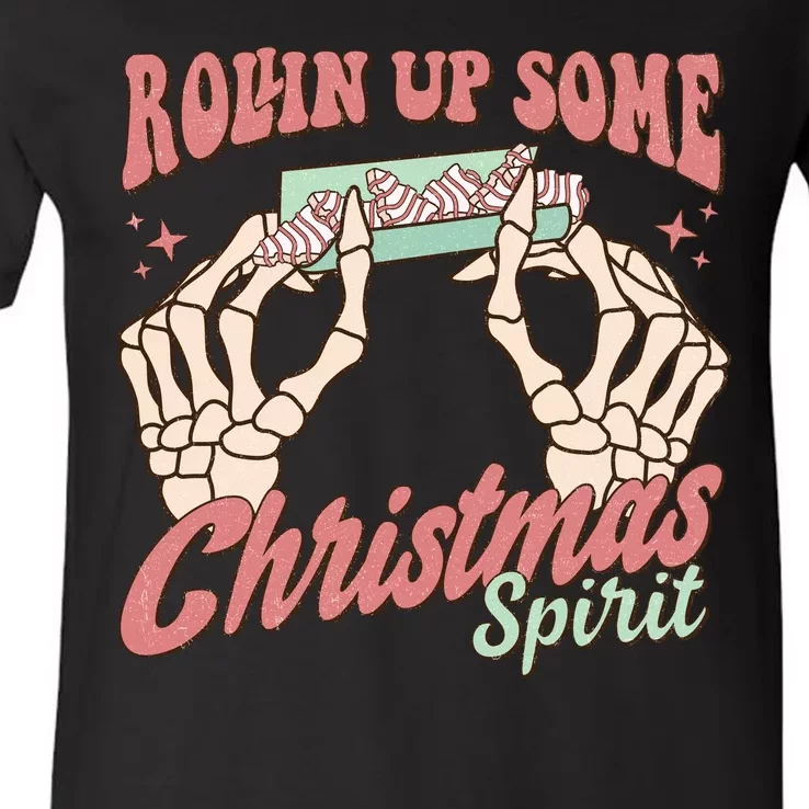 Rollin Up Some Christmas Spirit Funny Marijuana V-Neck T-Shirt