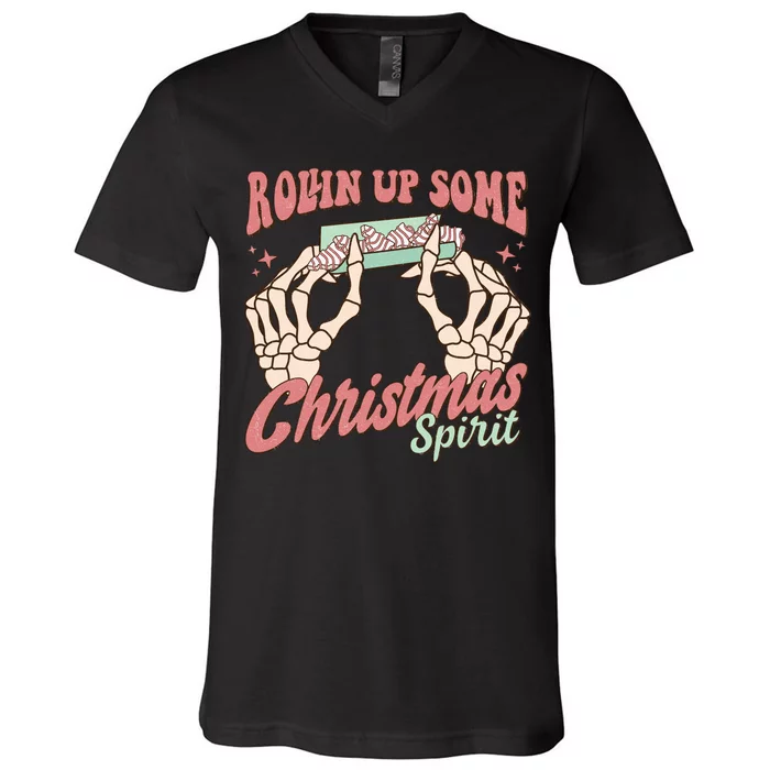 Rollin Up Some Christmas Spirit Funny Marijuana V-Neck T-Shirt