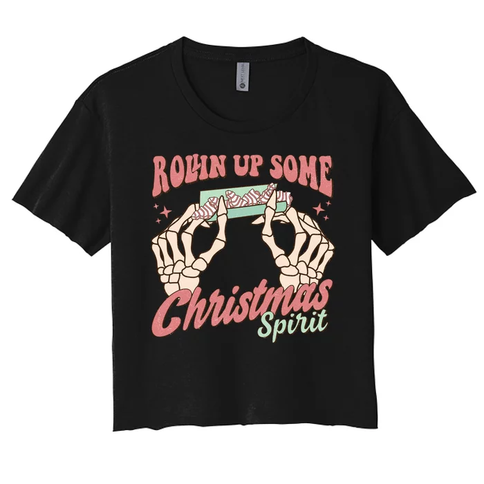 Rollin Up Some Christmas Spirit Funny Marijuana Women's Crop Top Tee