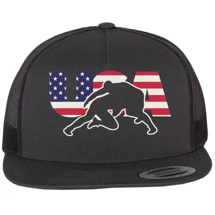 Retro USA Wrestling Apparel  American Gifts for US Wrestler Flat Bill Trucker Hat