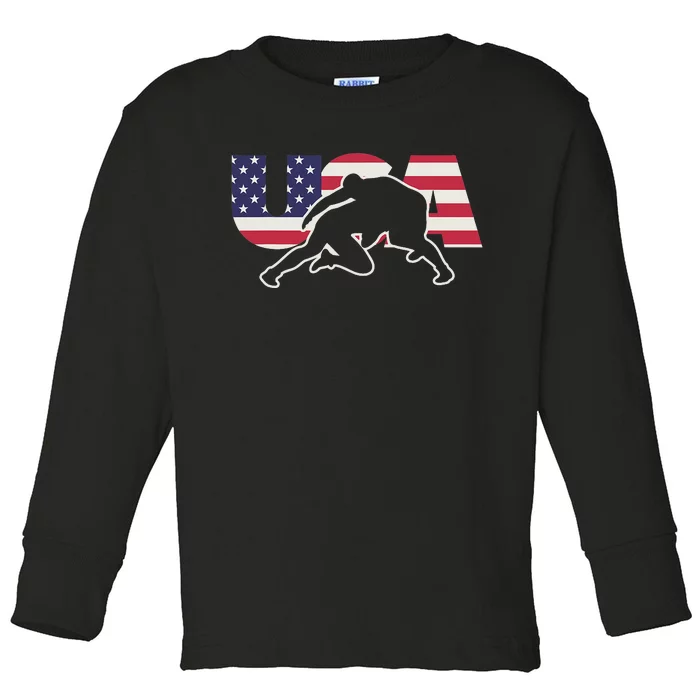 Retro USA Wrestling Apparel  American Gifts for US Wrestler Toddler Long Sleeve Shirt