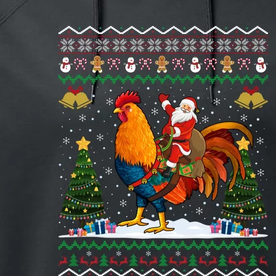 Rooster Ugly Xmas Gift Santa Riding Rooster Christmas Performance Fleece Hoodie