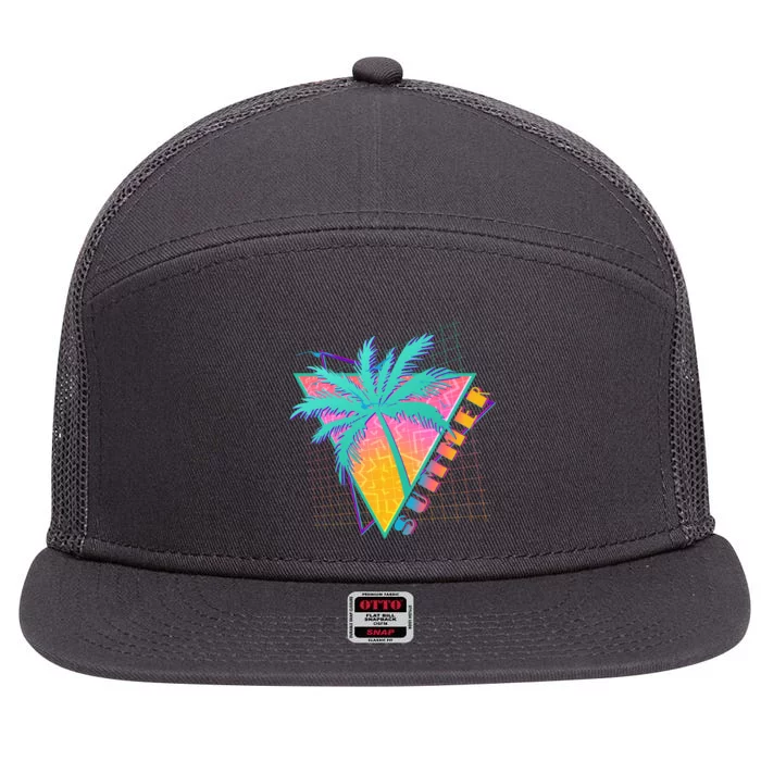 Retro Vintage 1980s Summer Palm Tree Summer Vacation Time 7 Panel Mesh Trucker Snapback Hat