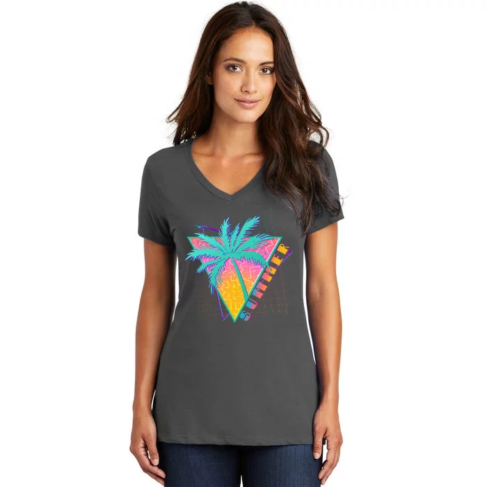 Retro Vintage 1980s Summer Palm Tree Summer Vacation Time Women's V-Neck T-Shirt