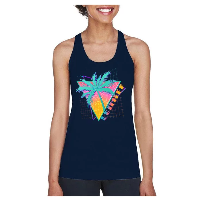 Retro Vintage 1980s Summer Palm Tree Summer Vacation Time Women's Racerback Tank