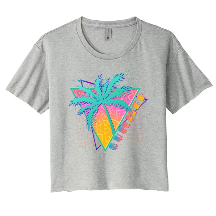 Retro Vintage 1980s Summer Palm Tree Summer Vacation Time Women's Crop Top Tee