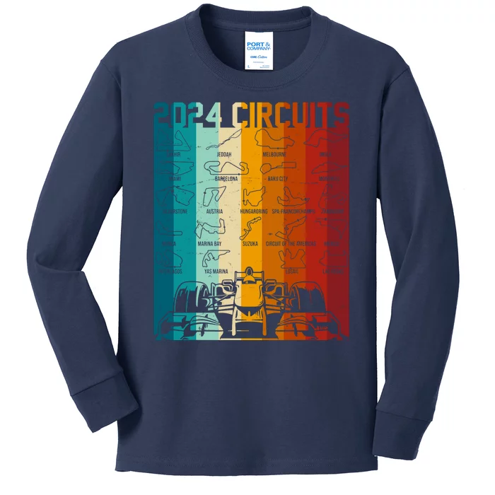 Retro Vintage 2024 Circuits Formula One Race Car Tracks Kids Long Sleeve Shirt