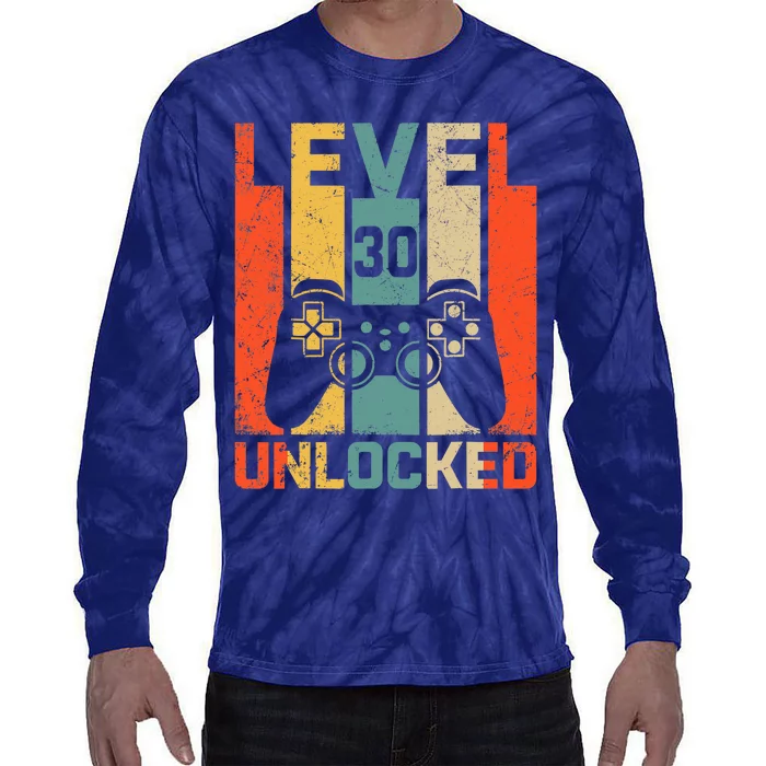 Retro Vintage 30th Birthday Gamer Level 30 Unlocked Tie-Dye Long Sleeve Shirt