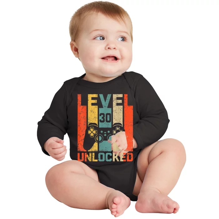 Retro Vintage 30th Birthday Gamer Level 30 Unlocked Baby Long Sleeve Bodysuit