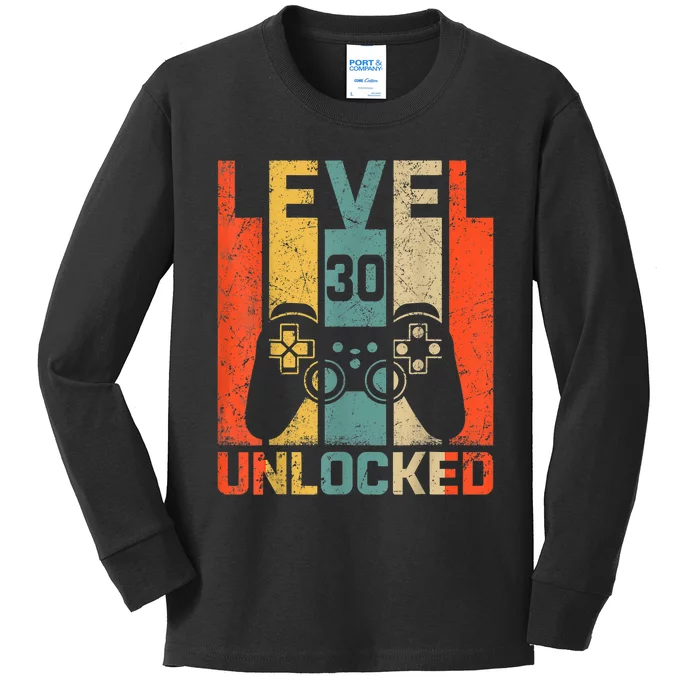 Retro Vintage 30th Birthday Gamer Level 30 Unlocked Kids Long Sleeve Shirt