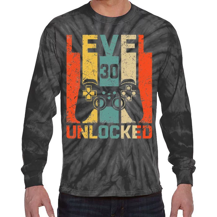 Retro Vintage 30th Birthday Gamer Level 30 Unlocked Tie-Dye Long Sleeve Shirt