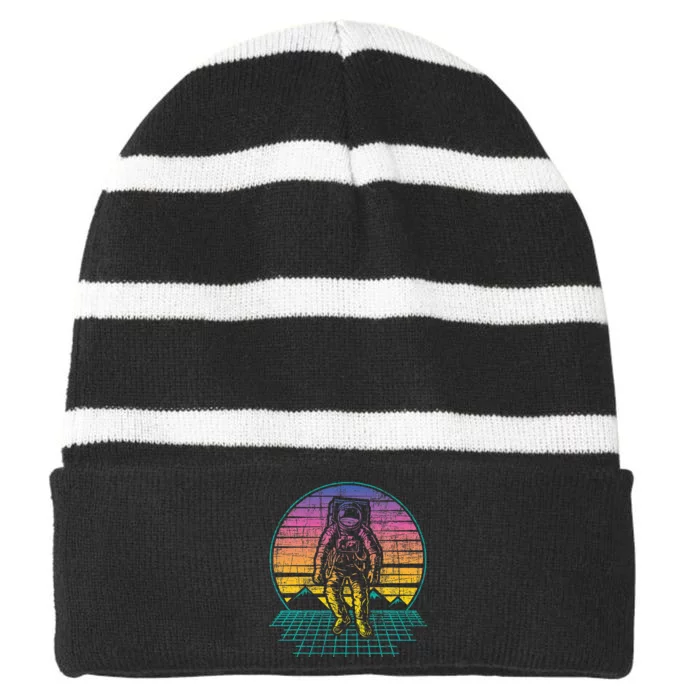 Retro Vintage Astronaut Spaceman Universe Planets Galaxy Striped Beanie with Solid Band