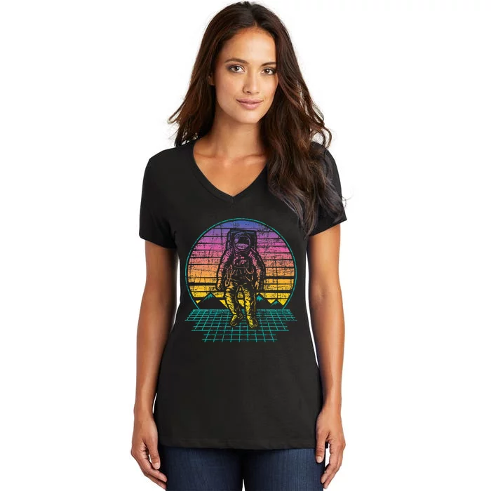 Retro Vintage Astronaut Spaceman Universe Planets Galaxy Women's V-Neck T-Shirt