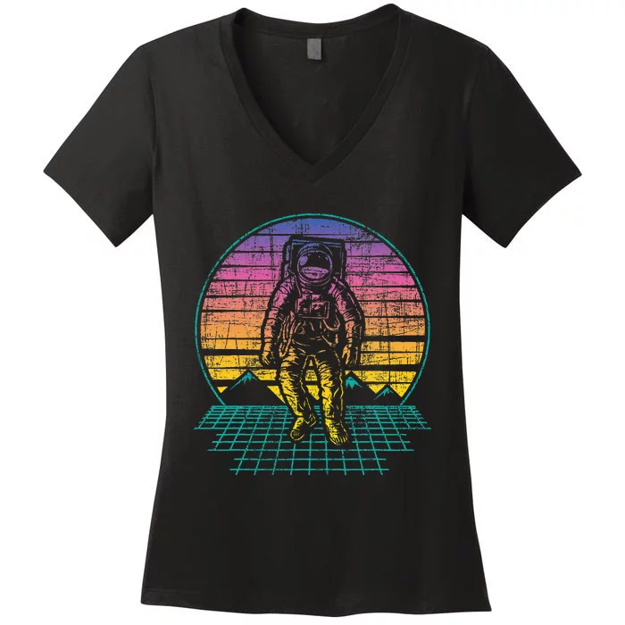 Retro Vintage Astronaut Spaceman Universe Planets Galaxy Women's V-Neck T-Shirt