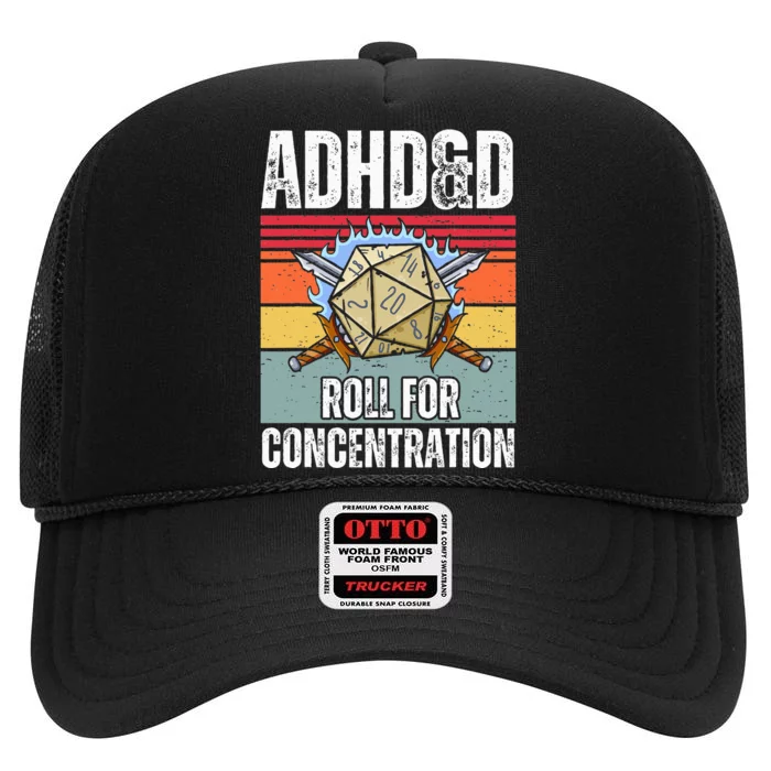 Retro Vintage Adhd&D Roll For Concentration High Crown Mesh Trucker Hat